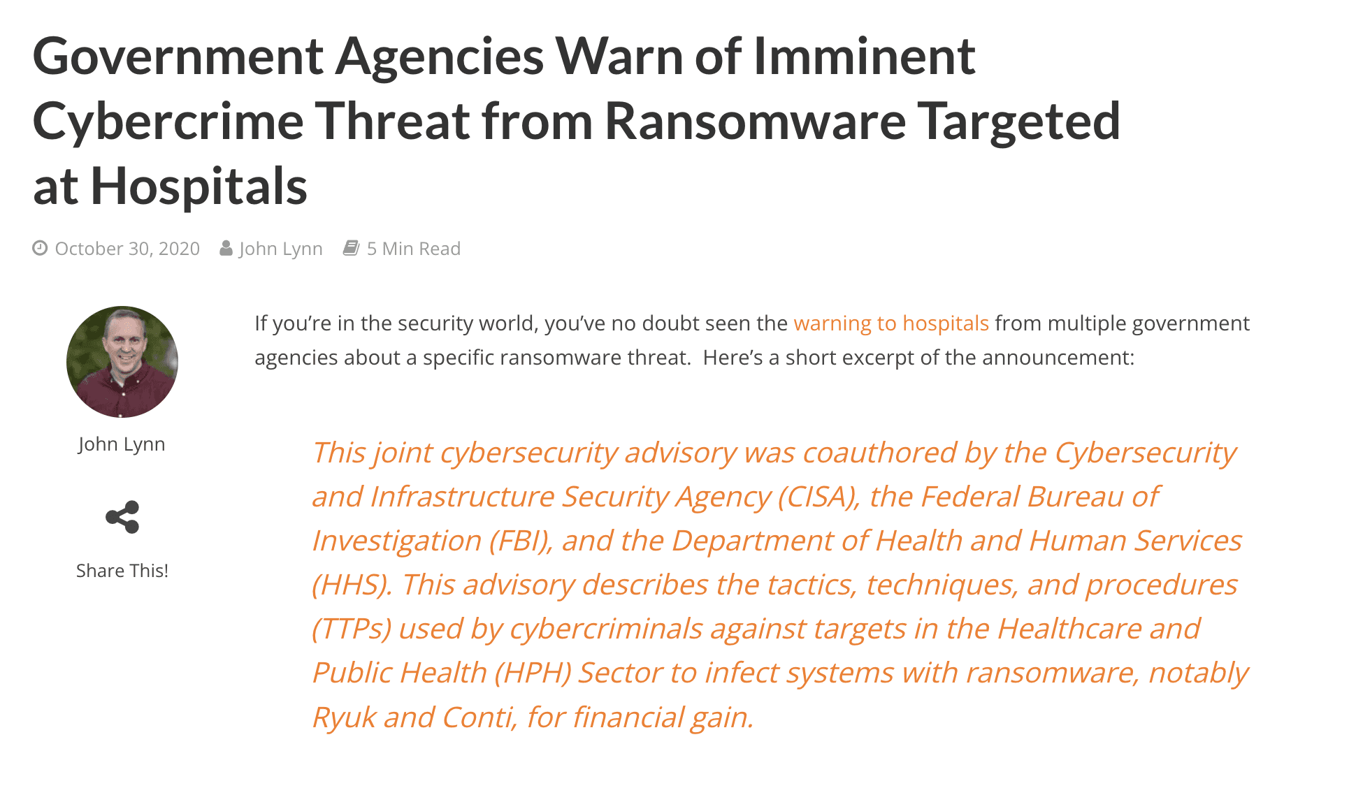 Ransomware Targeted at Hospitals