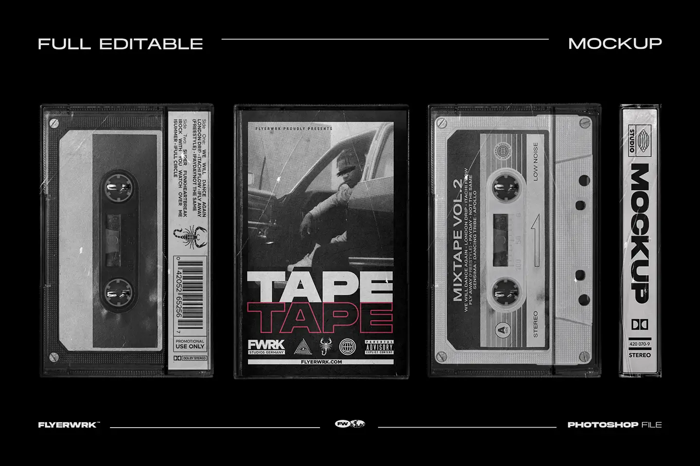 Fully editable Cassette Case Mockup 03 featuring a custom mixtape J-card design and plastic case.