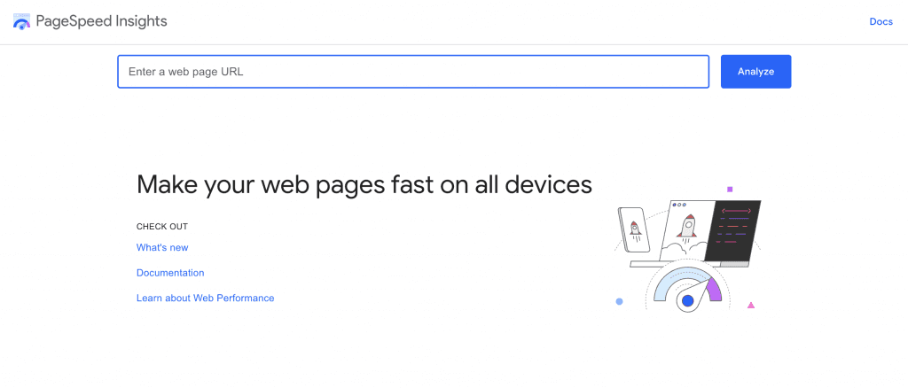 Google PageSpeed Insights start page with a URL field to test page speed on all devices