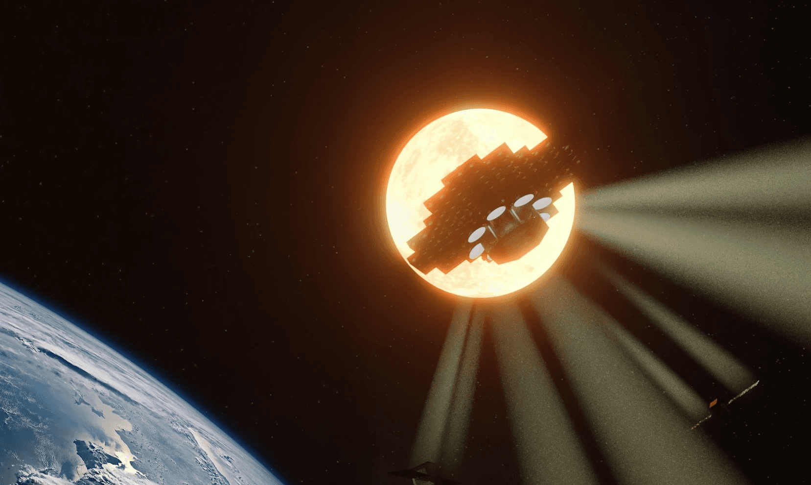 Star Catcher Power Node transmitting power via beams of concentrated light to various satellites with a large Sun silhouetting it and Earth in background