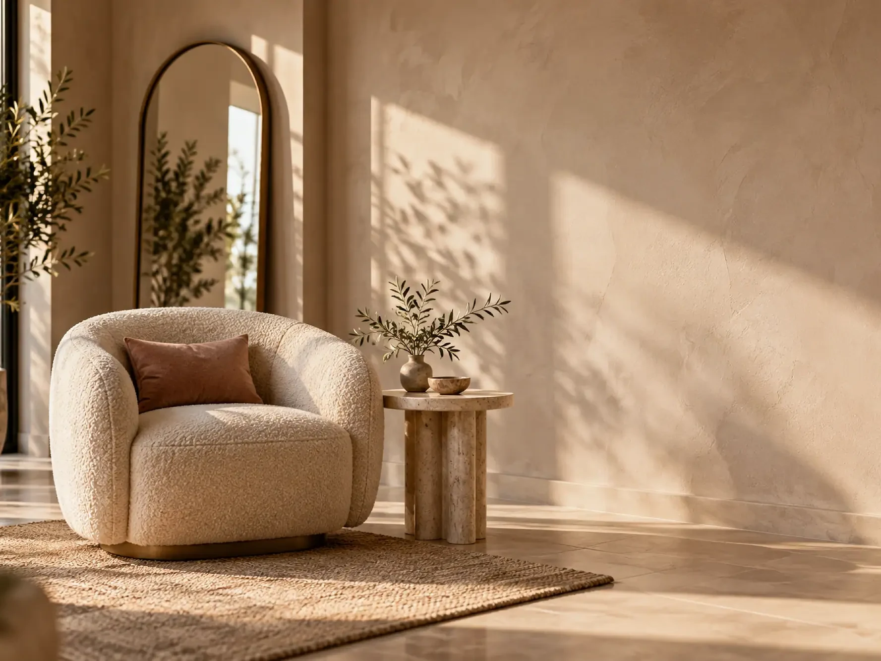 A quiet waiting lounge with a cream armchair and an arched mirror