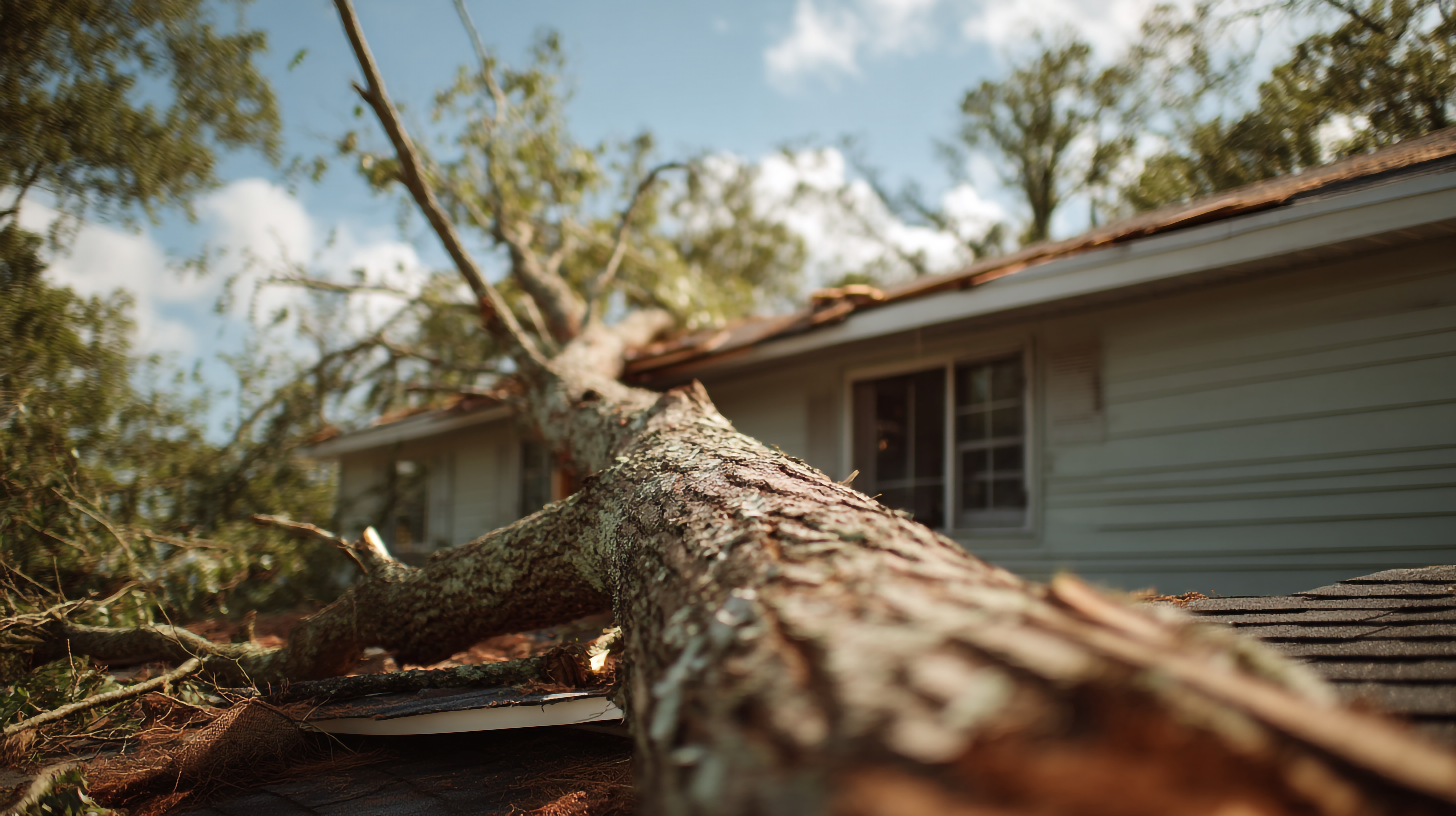 Massive tree fallen on residential roof in St. Louis after severe storm, causing visible structural damage to shingles and exterior
