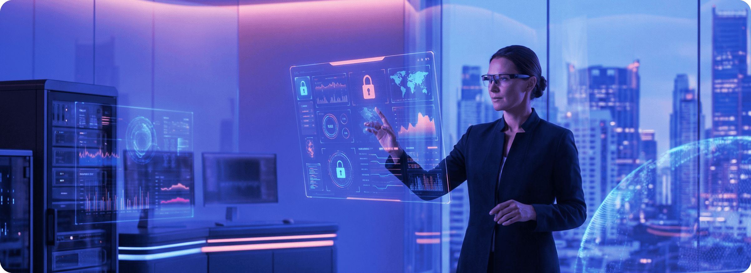 Healthcare cybersecurity concept showing a professional interacting with secure medical data dashboards and encryption visuals.