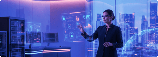 Healthcare cybersecurity concept showing a professional interacting with secure medical data dashboards and encryption visuals.