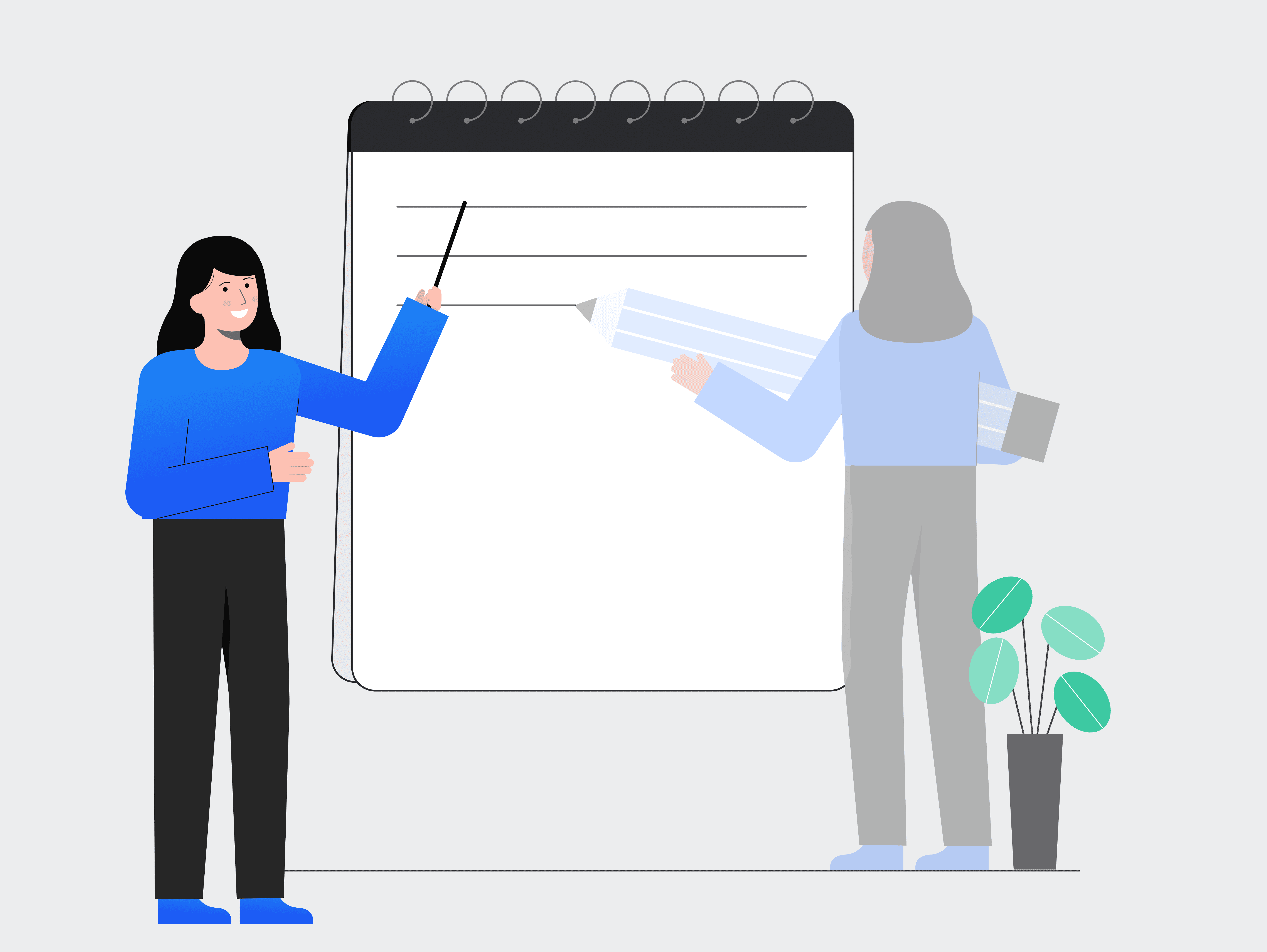 Illustration of two women collaborating: one stands pointing at a whiteboard with connected colored squares, the other sits with a laptop, gesturing in conversation.