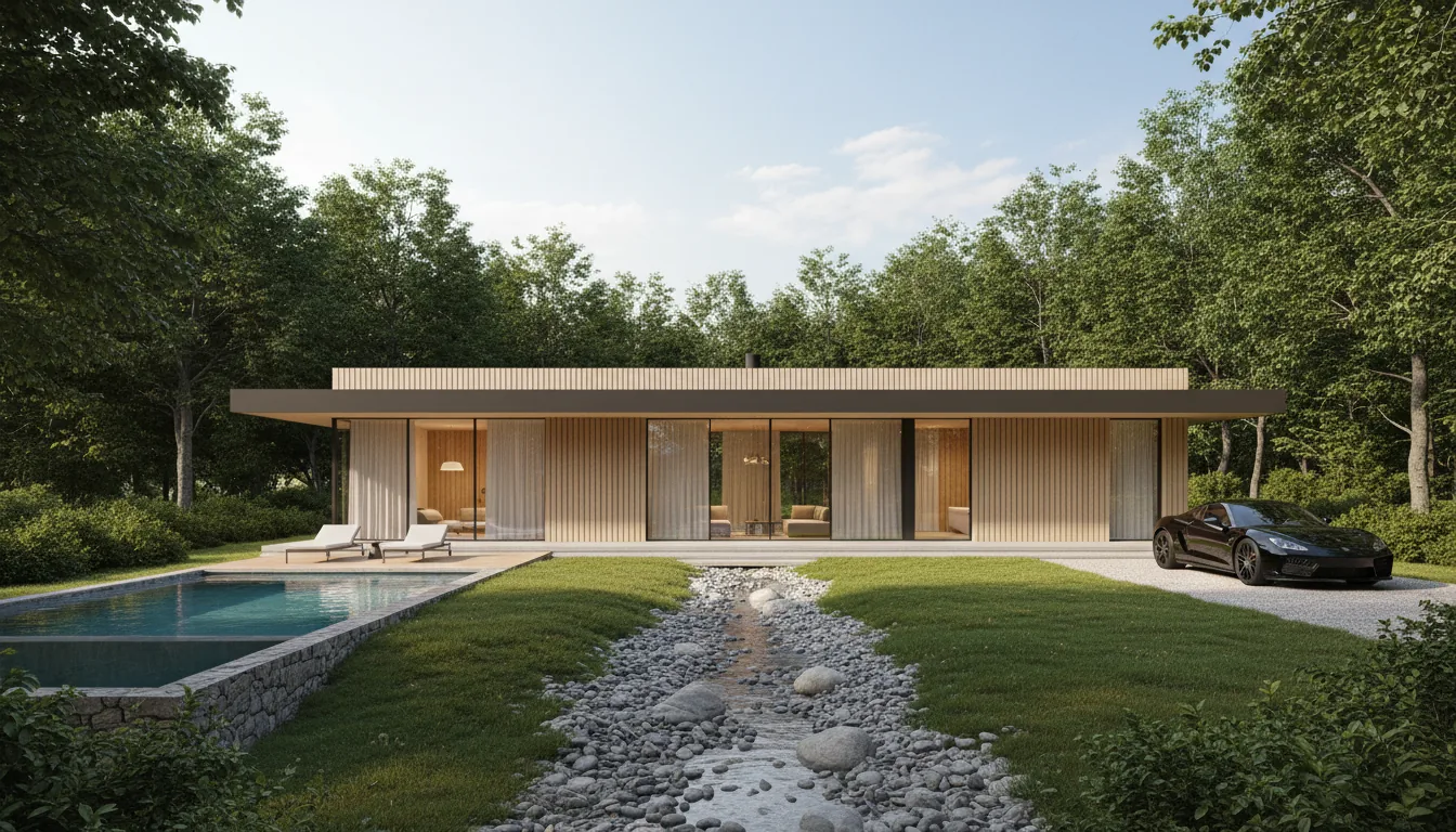 Photorealistic 3D architectural render, Lumion style, wide-angle shot of a modern single-story house with a flat roof and light vertical wood siding, nestled in a lush, green landscape. The house features large floor-to-ceiling glass windows with sheer curtains, with warm light glowing from within. In the foreground, a manicured lawn is crossed by a winding dry creek bed of smooth grey stones. To the left, an infinity pool with a rustic stone retaining wall has lounge chairs on the deck. To the right, a sleek black sports car is parked on a gravel driveway. The scene is surrounded by mature, dense trees and bushes under a bright, partly cloudy sky, with soft global illumination and natural daylight creating a serene atmosphere.