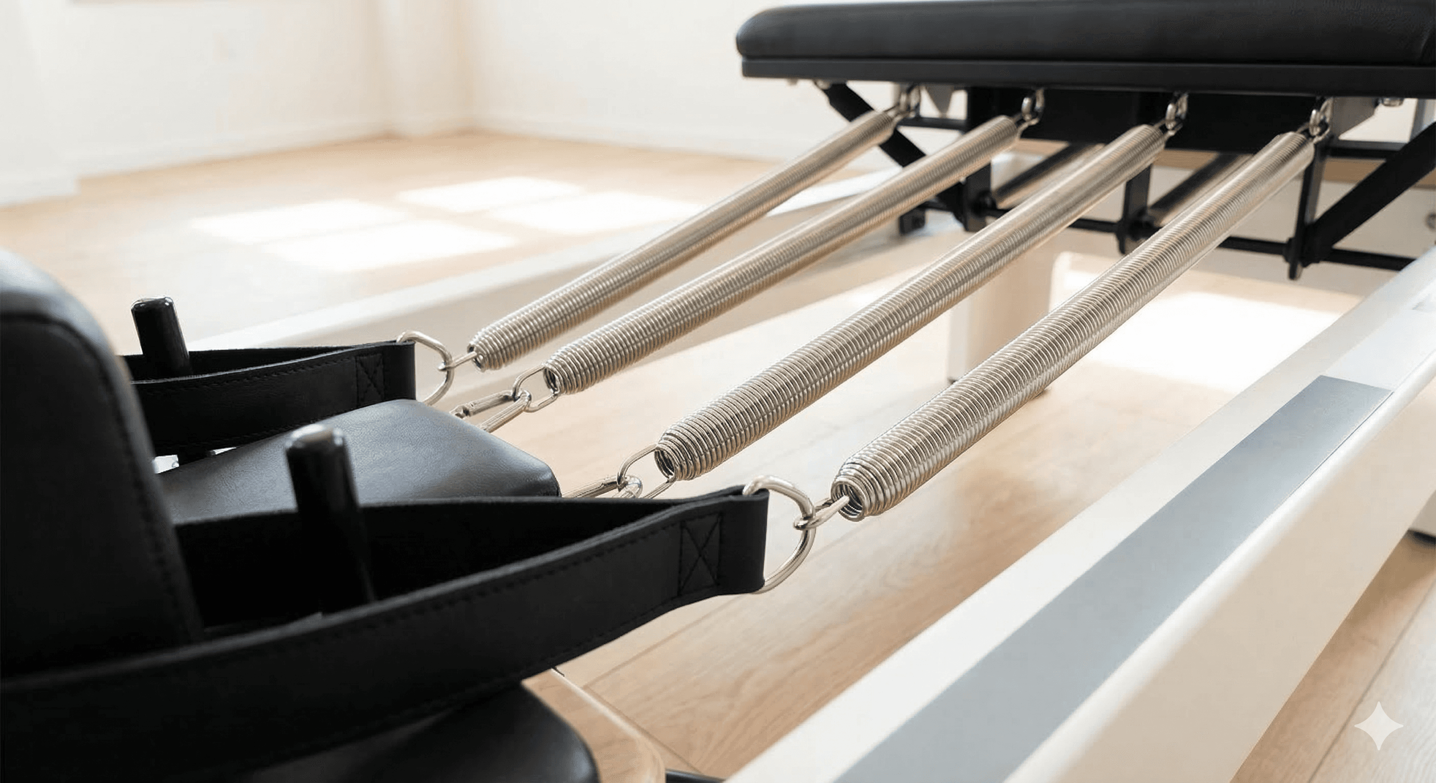 Dettaglio elegante delle molle di un macchinario Reformer presso Studio Pilates Pavia, simbolo della qualità e del valore del metodo.