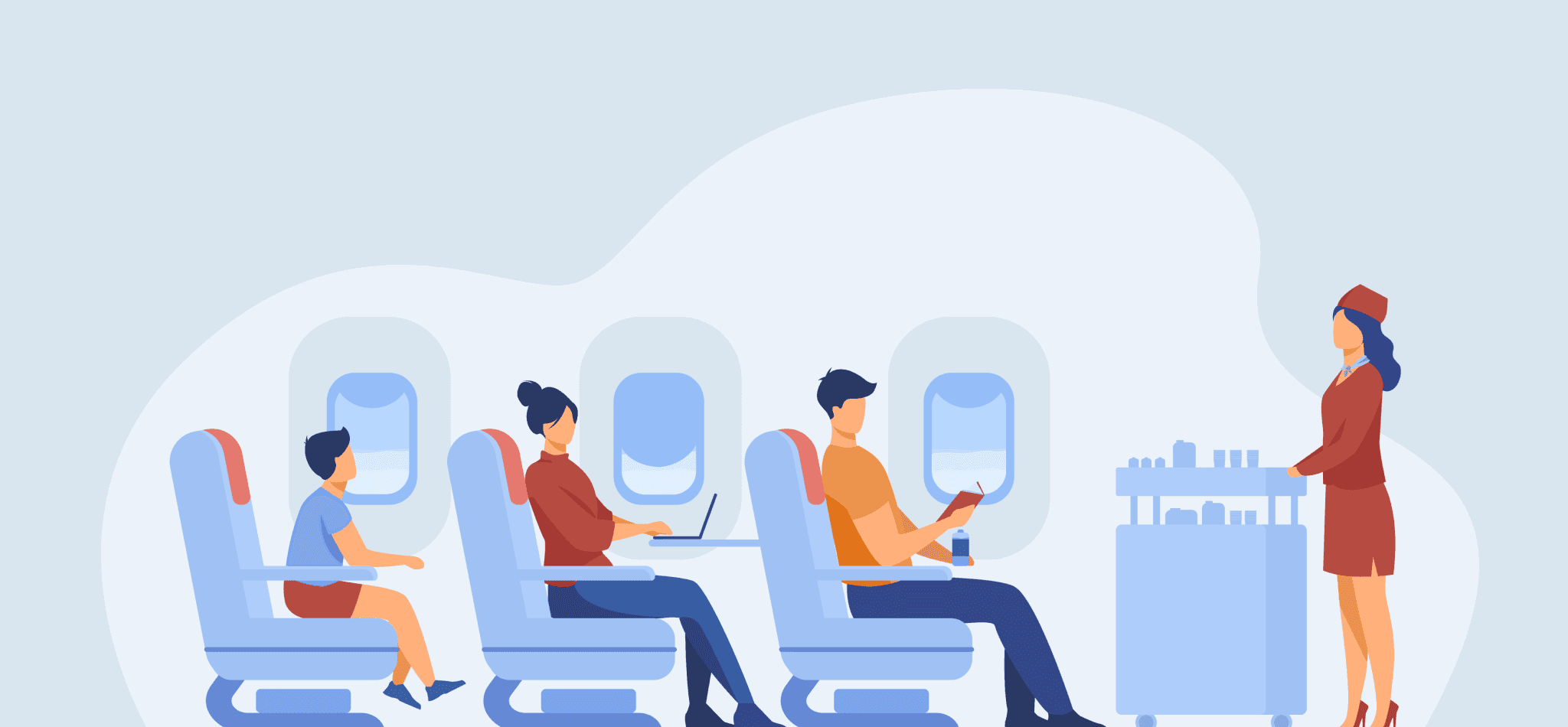 Passengers sitting inside the airplane and air hostness standing with a cart