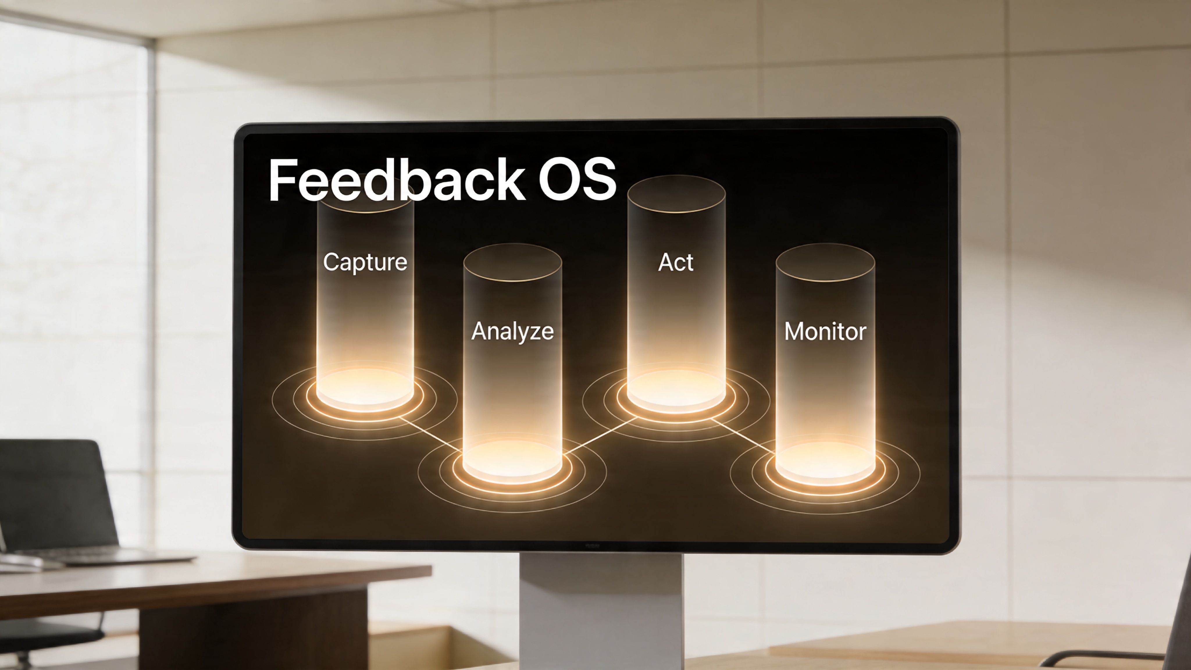 A digital screen showing a Feedback OS diagram with four stages: Capture, Analyze, Act, and Monitor.