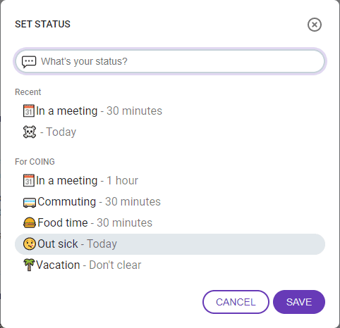 Slack status picker showing emoji statuses for meetings, lunch, sick days, and vacation