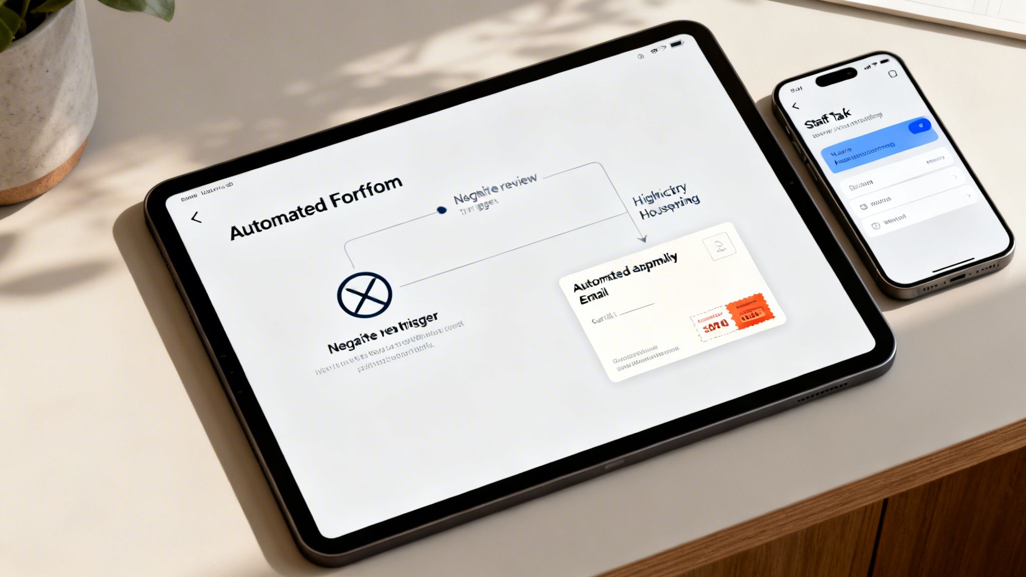 A tablet and phone on a desk, showing an automated workflow for feedback and a task app.