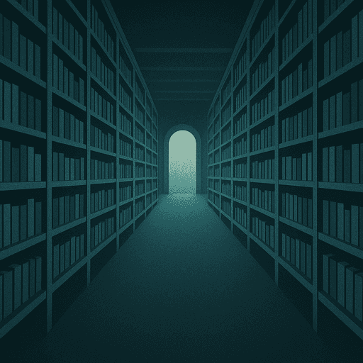 AI generated image of a library with book shelves on the left and right and a door in the middle. 