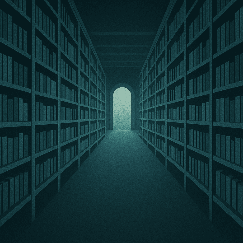 AI generated image of a library with book shelves on the left and right and a door in the middle.