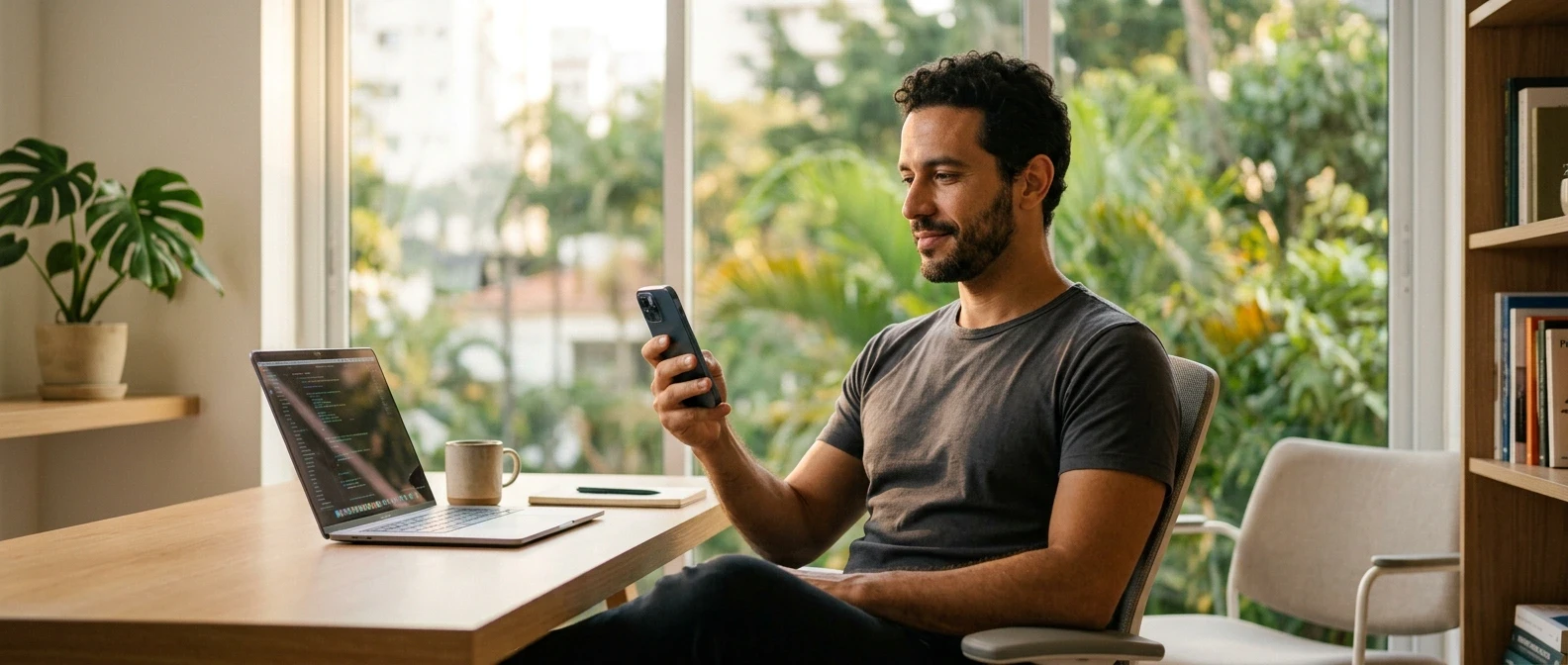 Empresário brasileiro em home office iluminado, usando smartphone ao lado de laptop, representando o uso estratégico do marketing digital para gerar negócios em Uberlândia.