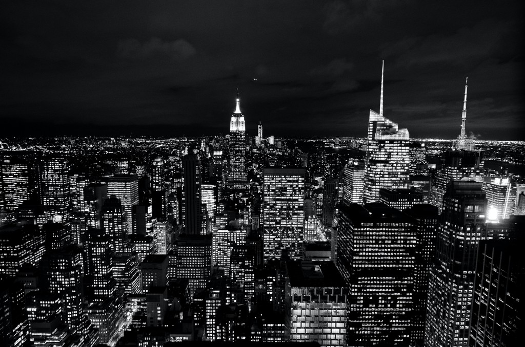 black white image seen from above showing the city of new york.