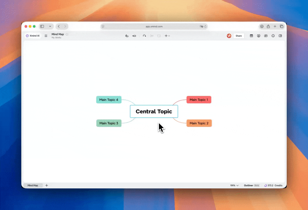 Show a mind map on the screen, then show the Xmind AI Chatbot panel sliding in from the side. Highlight that the Xmind AI appears next to the current map.