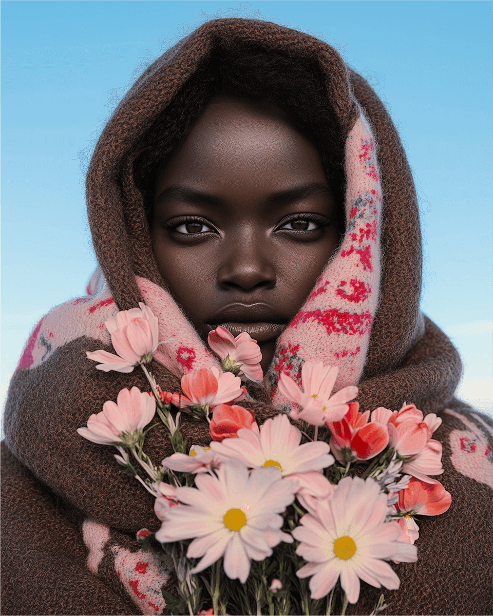 A person warmly wrapped in a brown scarf holds a bouquet of pink and white flowers against a clear blue sky, conveying warmth and serenity.