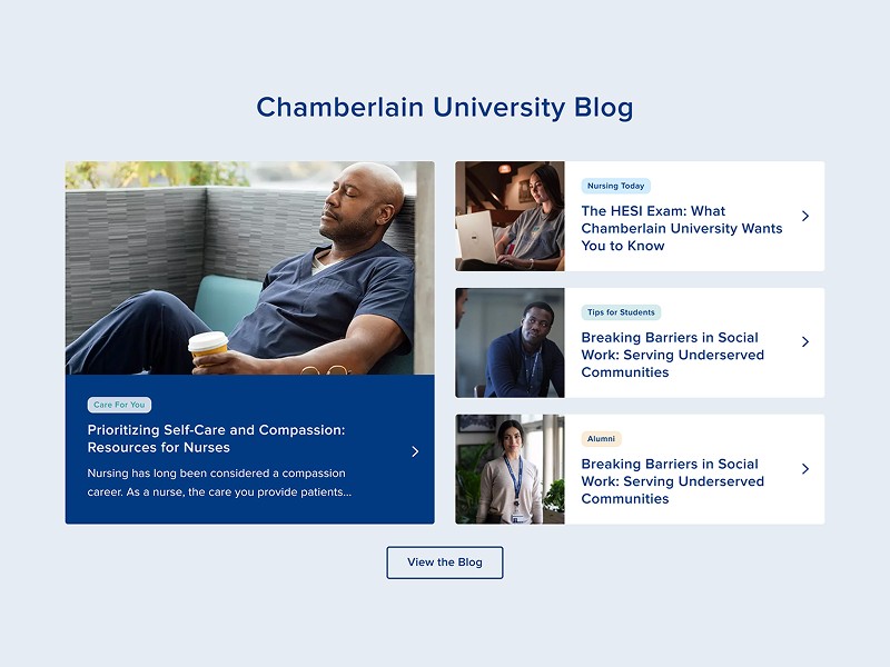 Alt text: "Chamberlain University Blog webpage featuring a relaxed nurse holding a cup. Three article previews are visible: 'HESI Exam,' 'Breaking Barriers in Social Work' under tips, and alumni tags. Blue background with 'View the Blog' button."