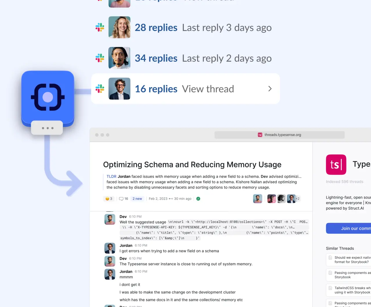 Motion graphic depicting various UI components such as files, code, and comments transforming into spherical dots of different shades and textures, nestled between the two brackets of Struct's logo. These spheres continuously percolate and vibrate, symbolizing the wealth of data, insights, and knowledge made accessible to an organization through conversations on Struct.