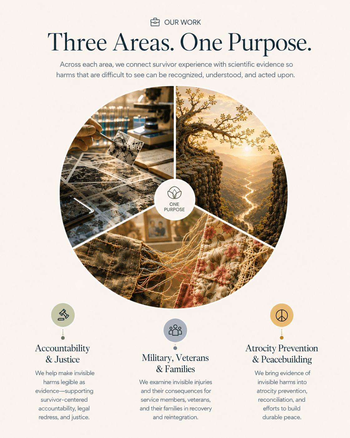 Three Areas. One Purpose: Accountability & Justice; Atrocity Prevention & Peacebuilding; Military, Veterans & Families.