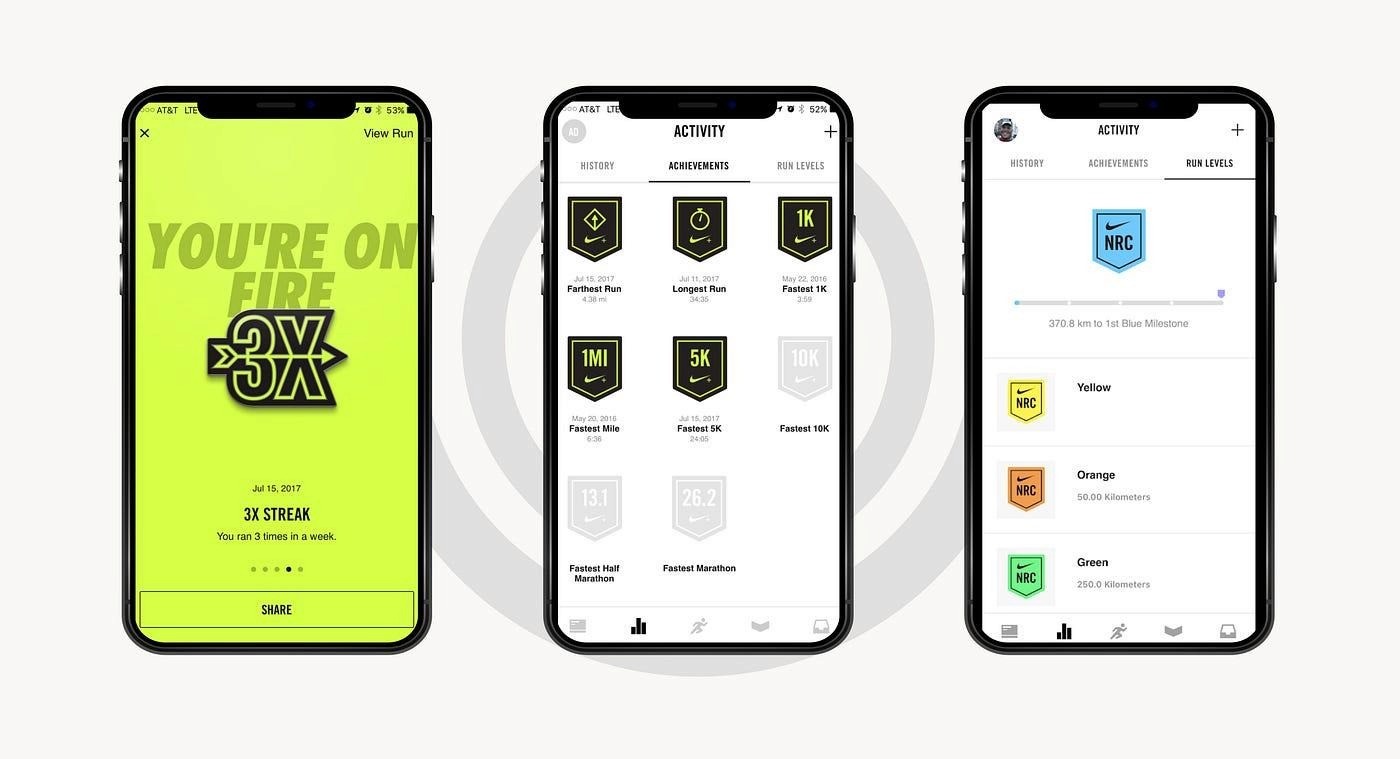 Nike Run Club app screens showing a 3x streak badge, achievement milestones, and run levels