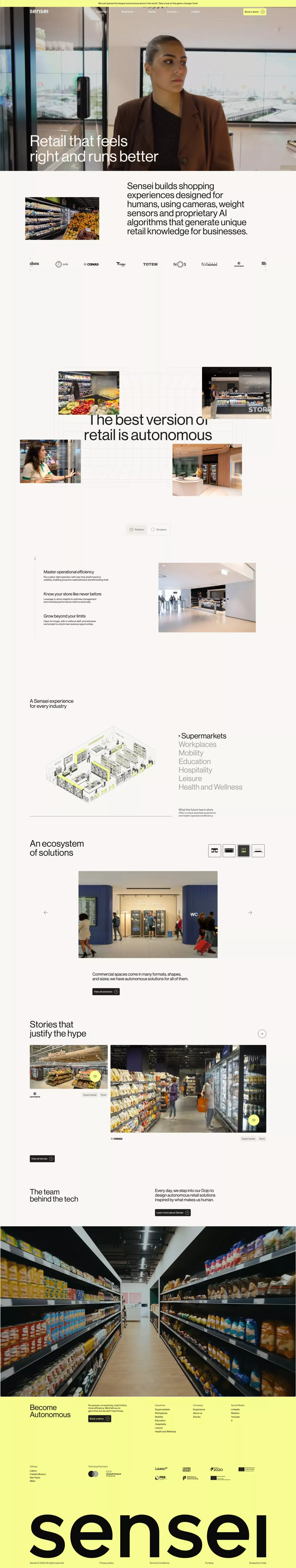 Sensei - Autonomous Retail Experiences landing page screenshot showcasing AI and Furniture & Interiors design