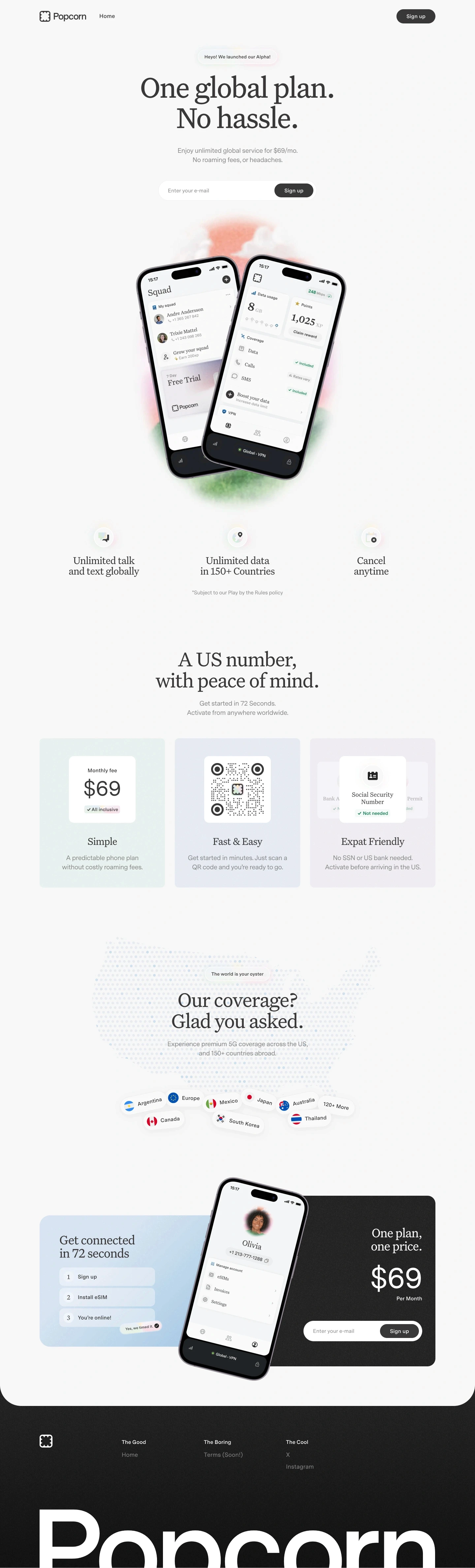 Popcorn landing page screenshot showcasing Tech and Travel design