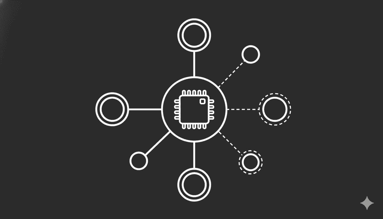 Hub-and-spoke diagram with a central processor node connected by solid and dashed lines to surrounding tool nodes on a dark background, representing a LangGraph agent selecting tools per query