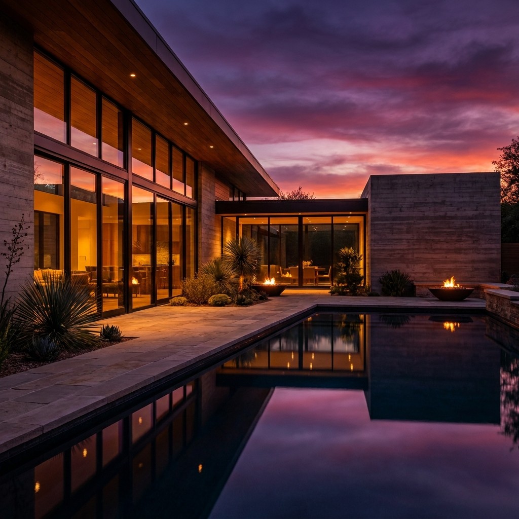 A courtyard at Refúgio do Vento at twilight, with warm interior lights and a vivid purple and magenta sunset reflecting perfectly in a still swimming pool.