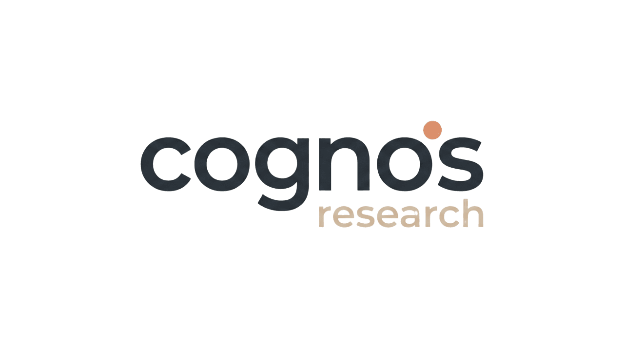 Black background with the words "cognōs research" in lowercase. "Cognōs" is dark blue with an orange dot above the "o". "Research" is in light beige. Minimalist design.
