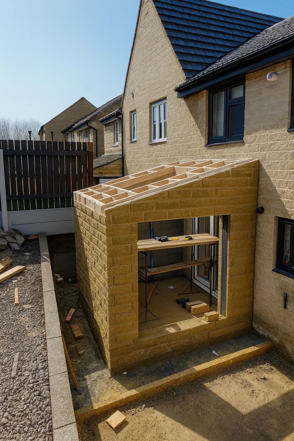 A small single-story extension with unfinished brickwork and a partially completed slanted roof is under construction at the back of a semi-detached house.
