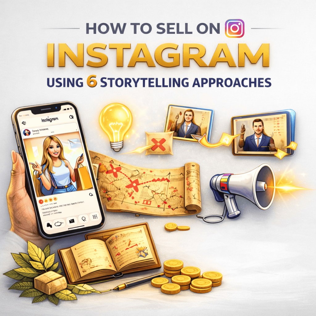 Professional blog illustration showing how to sell on Instagram using six storytelling approaches, featuring an Instagram post on a smartphone, marketing icons, sales symbols, and a clean light background for content marketing and social commerce.