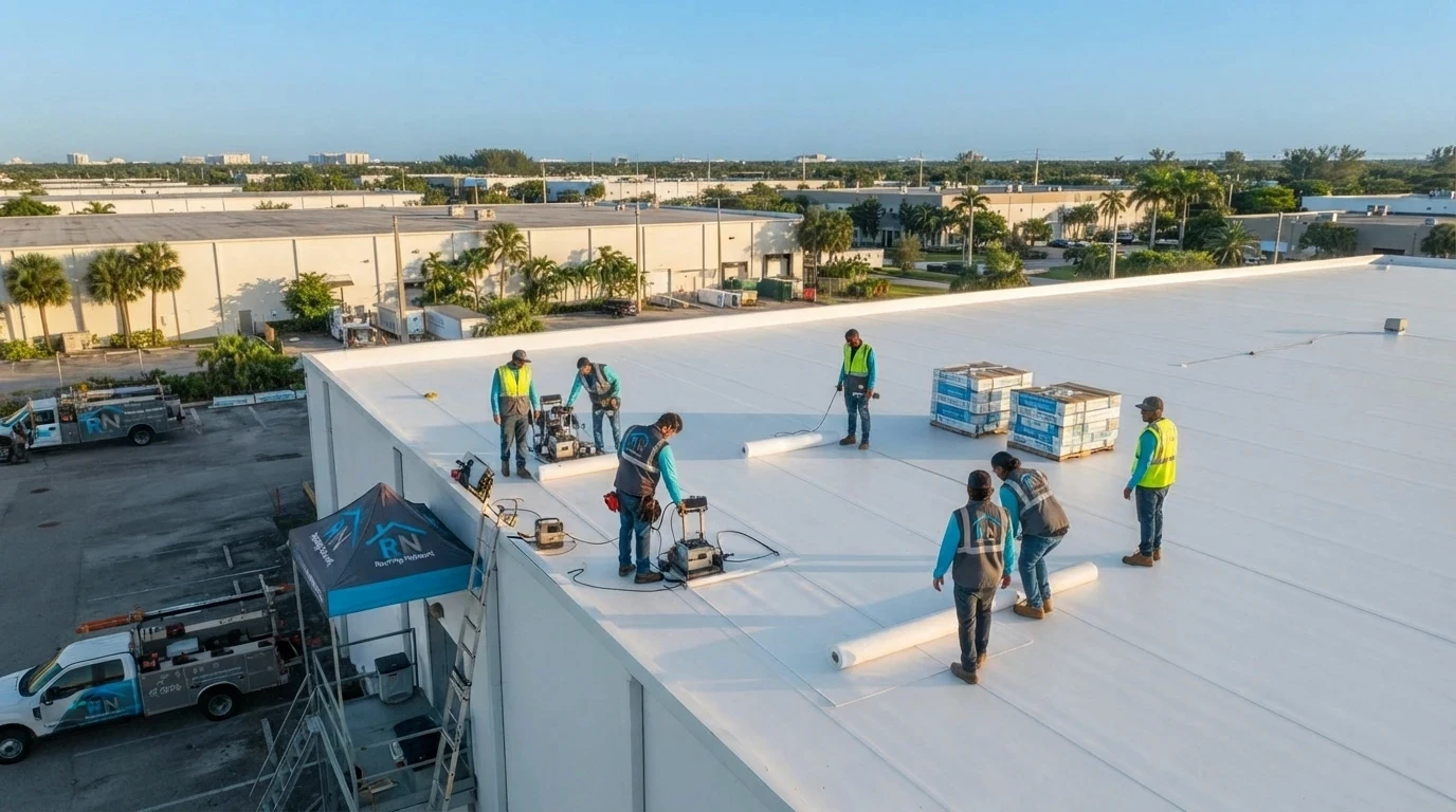 60 mil TPO roof installation on a Davie Florida warehouse by Roofing Network