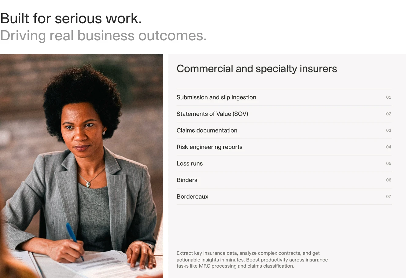 A split graphic with a professional individual on the left and a list of insurance-related processes on the right.