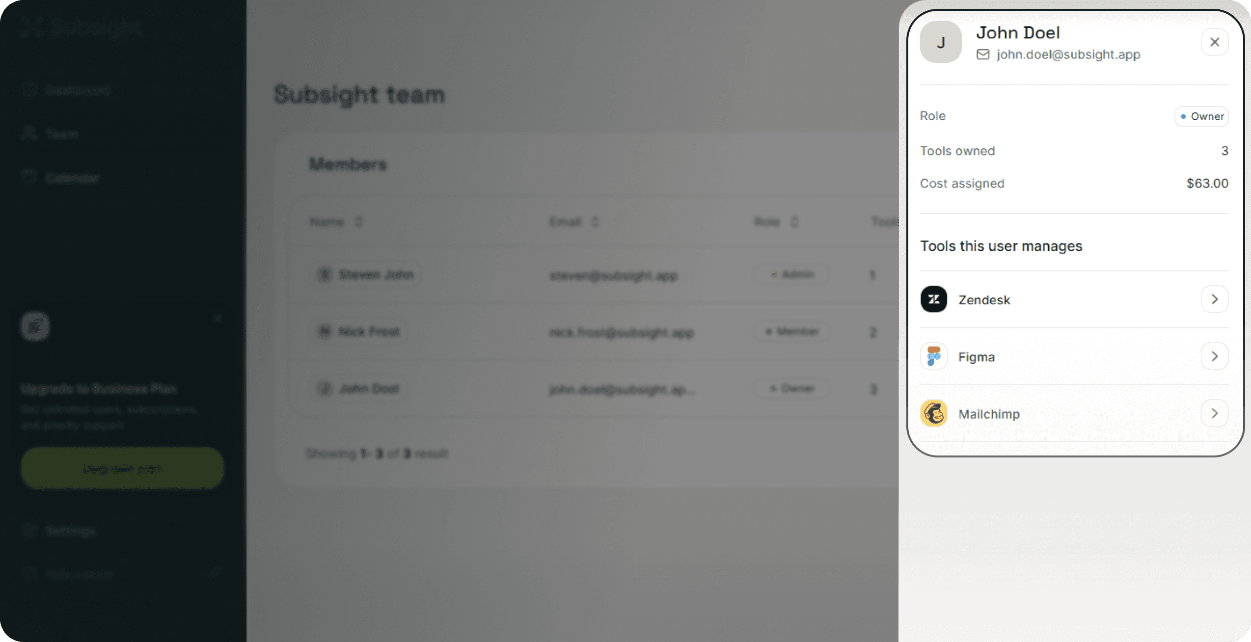 Subsight member details panel showing assigned tools, cost, role selection, and user management options.