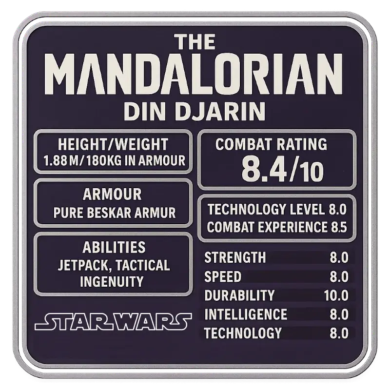 The image is a profile card for "The Mandalorian" character Din Djarin, featuring his height, weight, combat rating, and abilities such as jetpack, tactical ingenuity, and technology level.