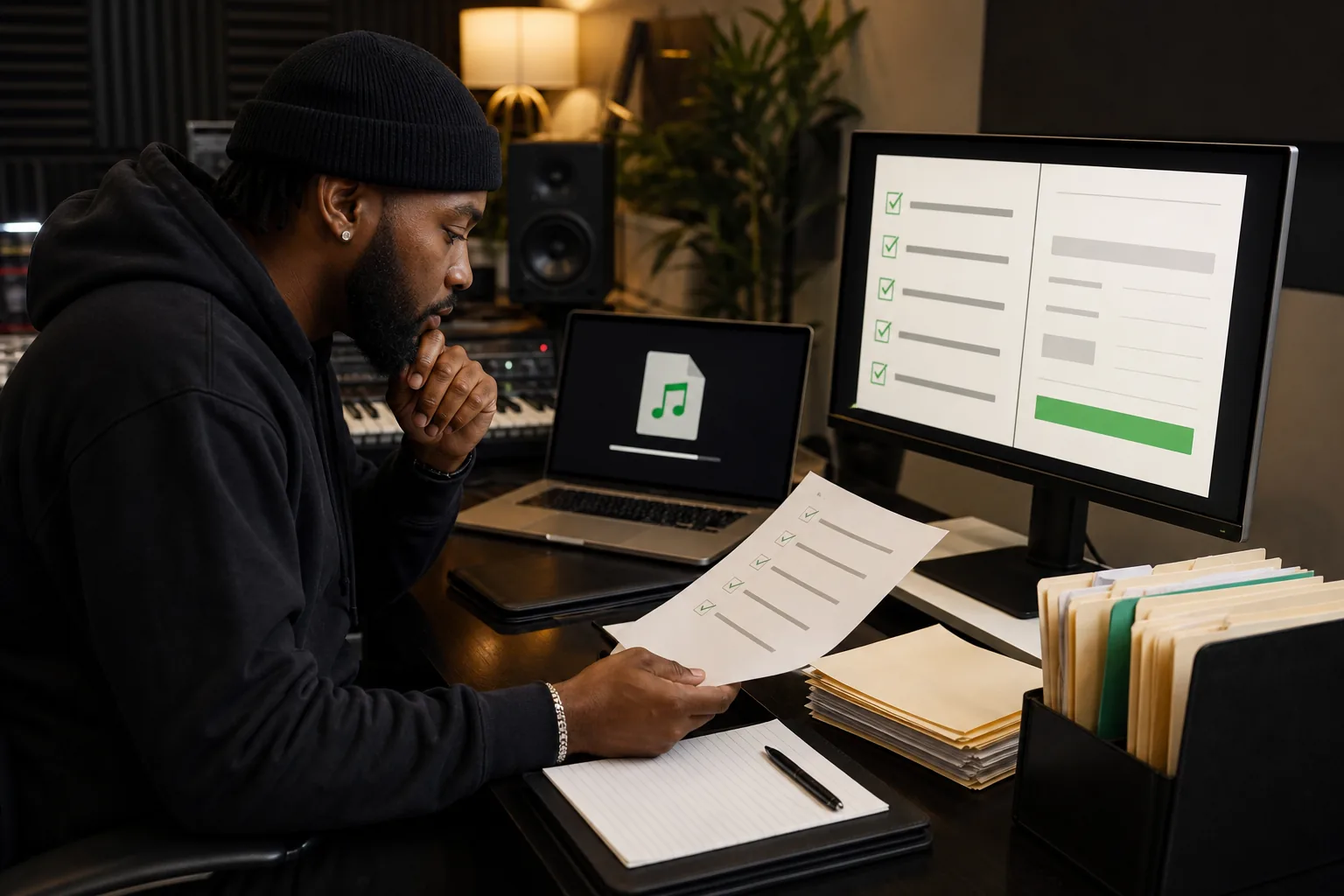 artist reviewing song copyright registration fees and application documents
