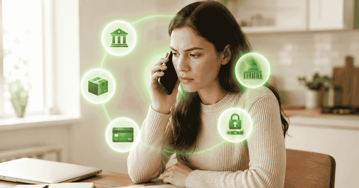 Person on a phone call surrounded by icons for banks, deliveries, government agencies, payment cards, and security credentials, showing how scammers impersonate trusted organizations to steal personal information.