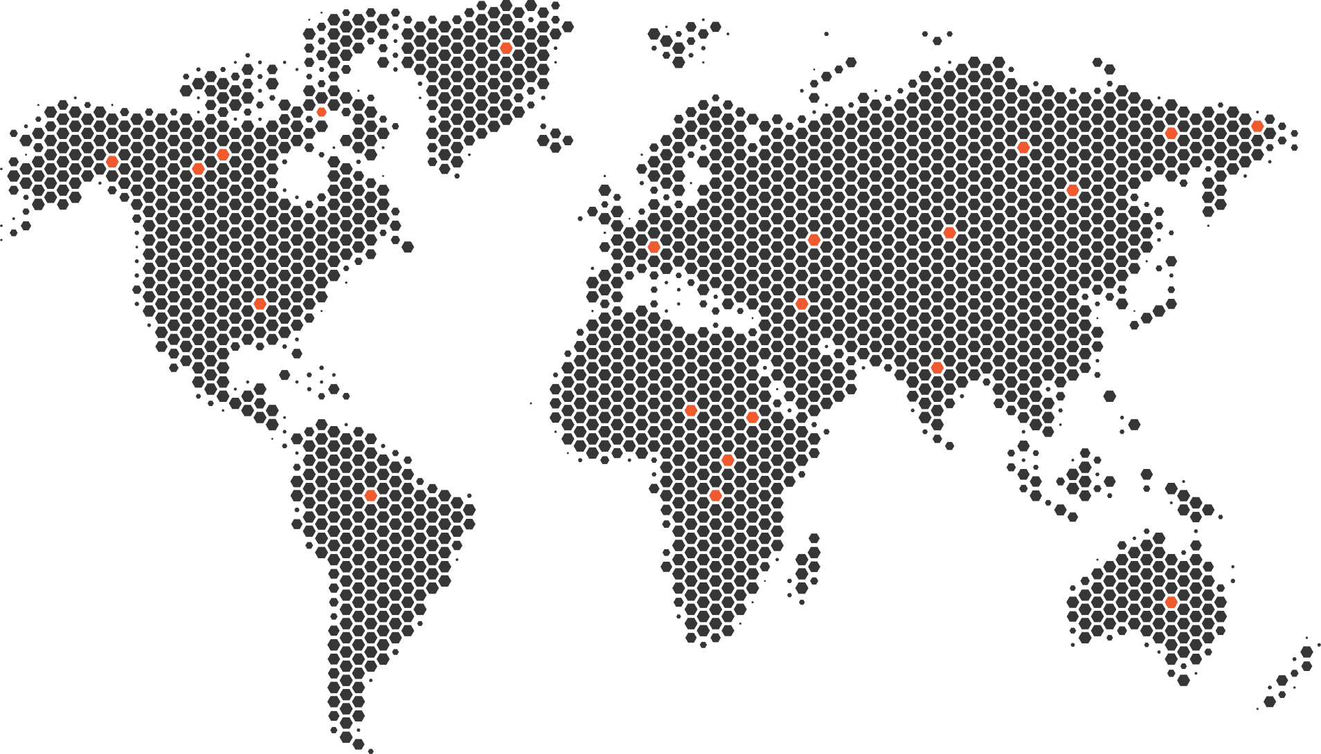 World map featuring multiple orange dots indicating various locations across different continents.