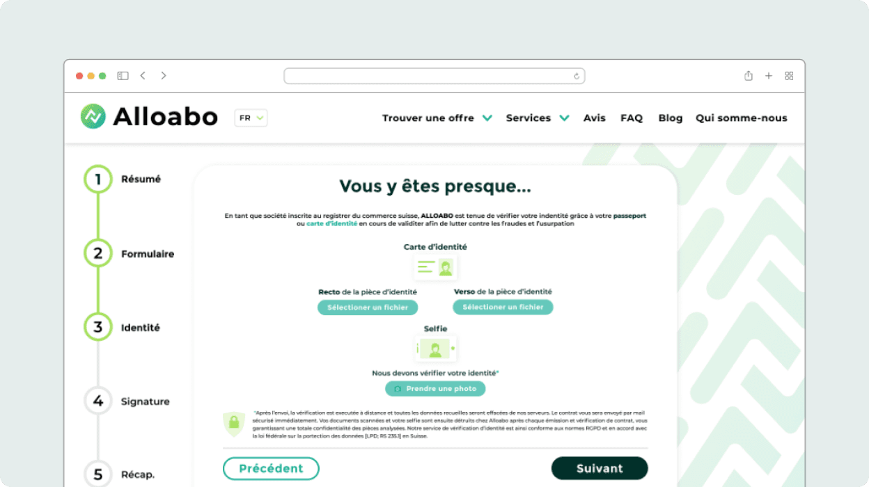 Capture d'écran de la troisième étape du formulaire d'achat d'un abonnement mobile demandant de fournir des photos du papiers d'identités mentionné précédemment ainsi que d'un selfie pour la vérification