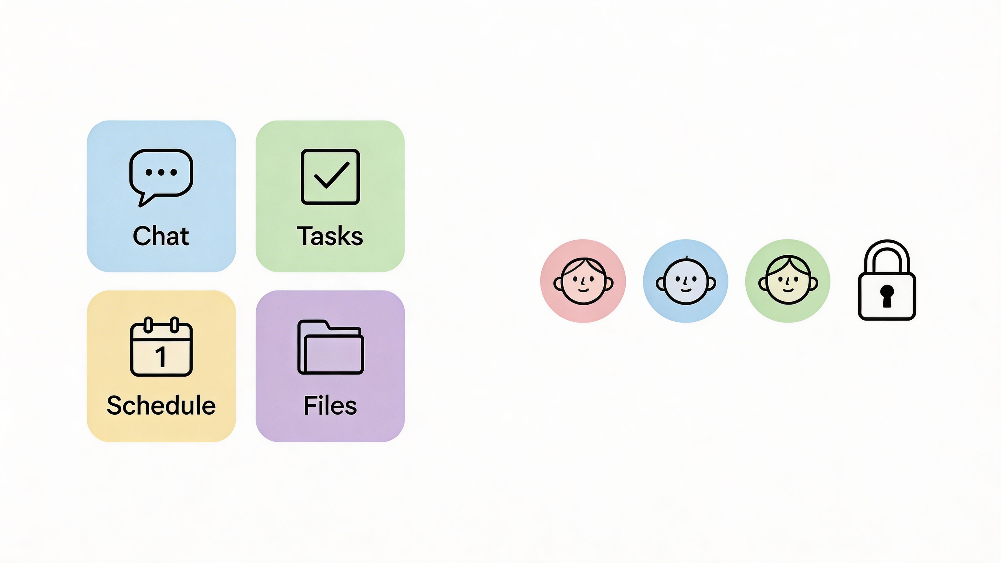 Icons for chat, tasks, schedule, and files alongside circular user avatars and a lock symbol.