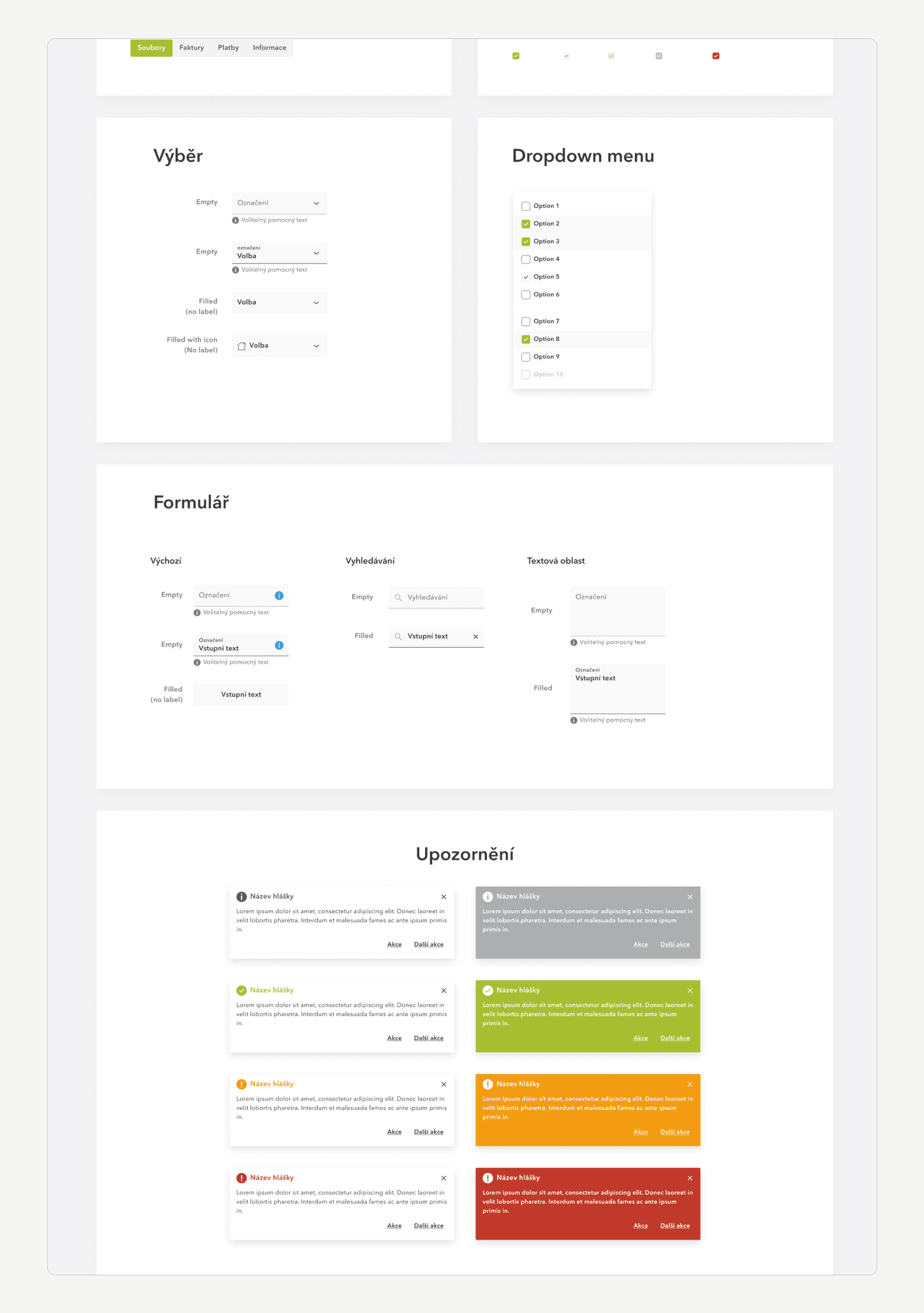 Další komponenty design systému: navigační panel, checkboxy, výběr, formuláře, upozornění, tabulky a grafy.