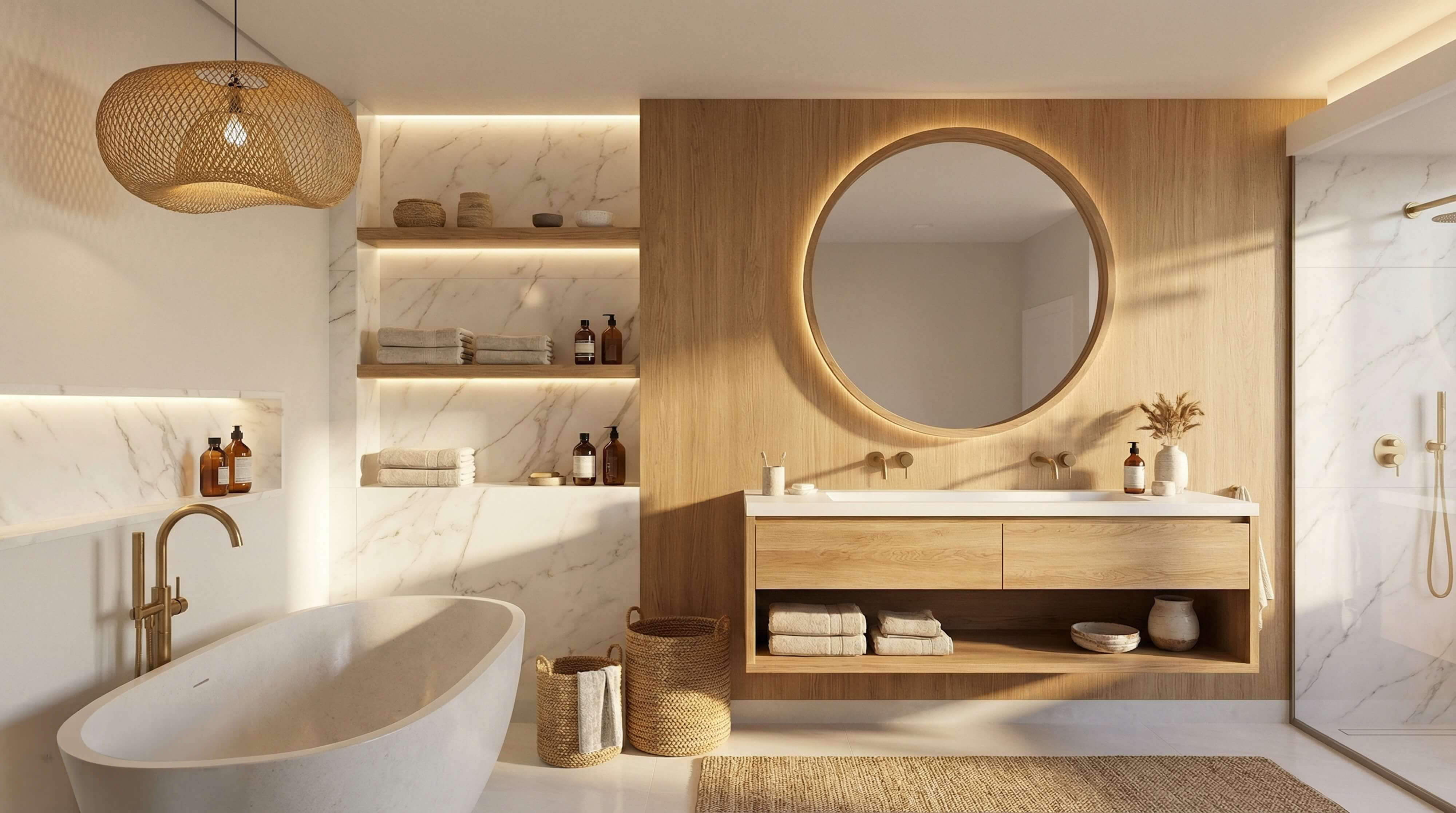Organic modern bathroom featuring natural wood paneling, floating vanity, round backlit mirror, marble accents, and soft ambient lighting.