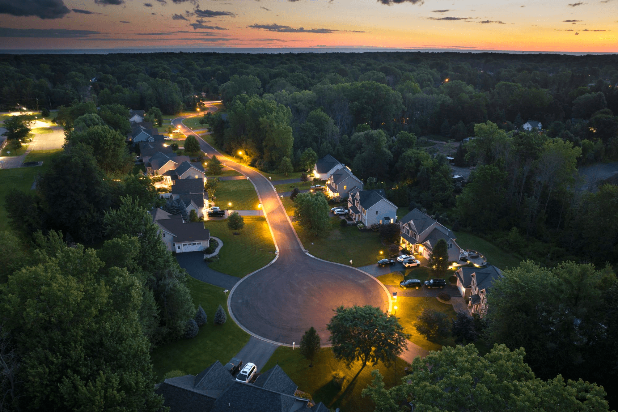 Luxury residential neighborhood at dusk