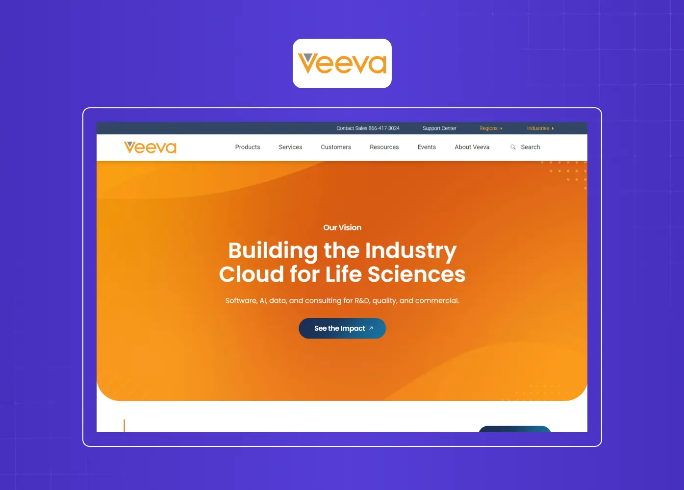 Homepage of Veeva highlighting its life sciences cloud platform with a clean layout, strong branding, and focused value proposition.