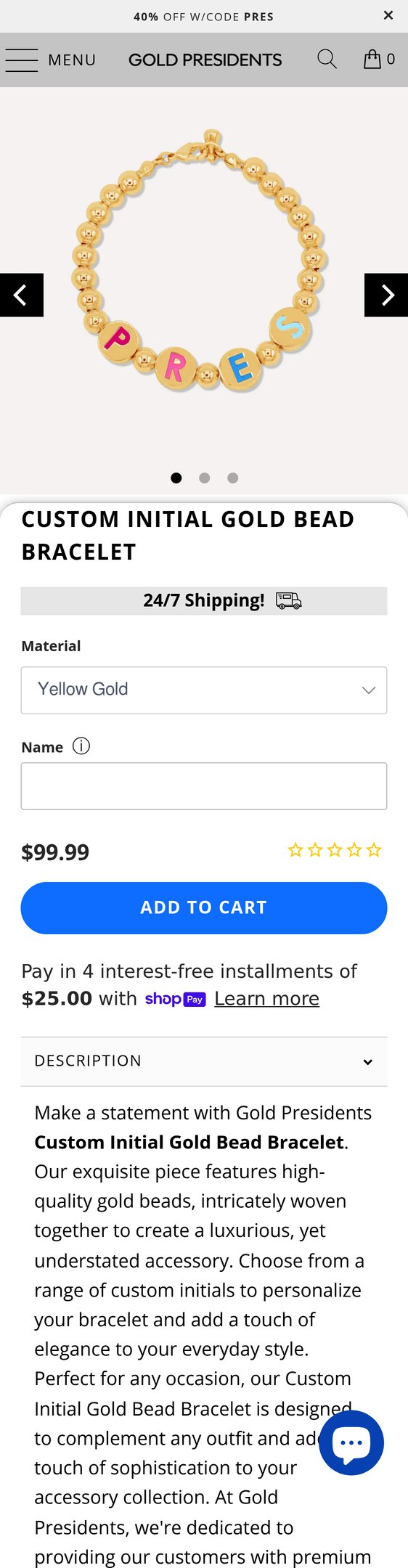 Jewelry product options include: bracelet for Custom Initial Gold Bead Bracelet from Pres.