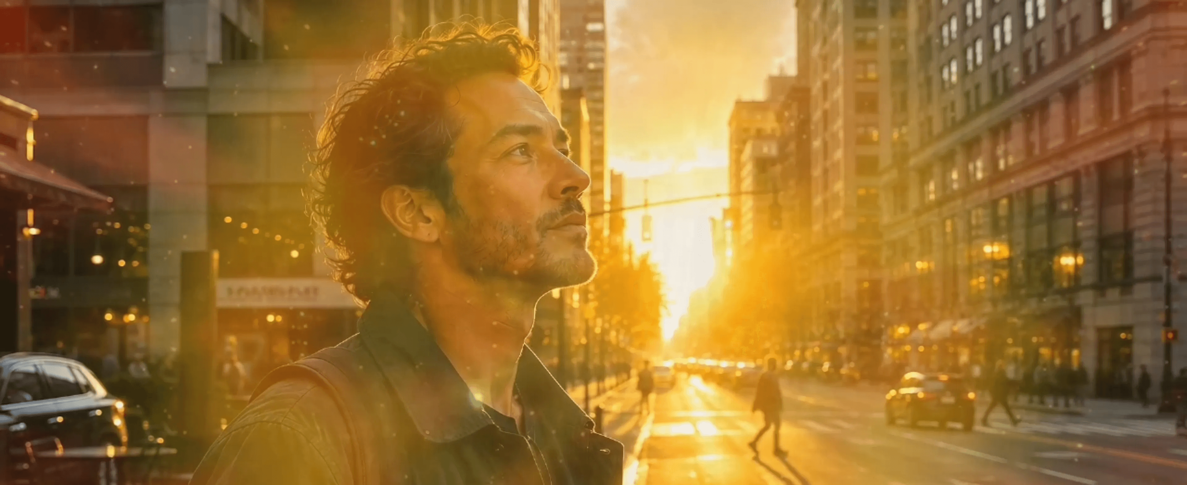 Man standing on a city street at sunset, looking upward with calm awareness and quiet recognition.