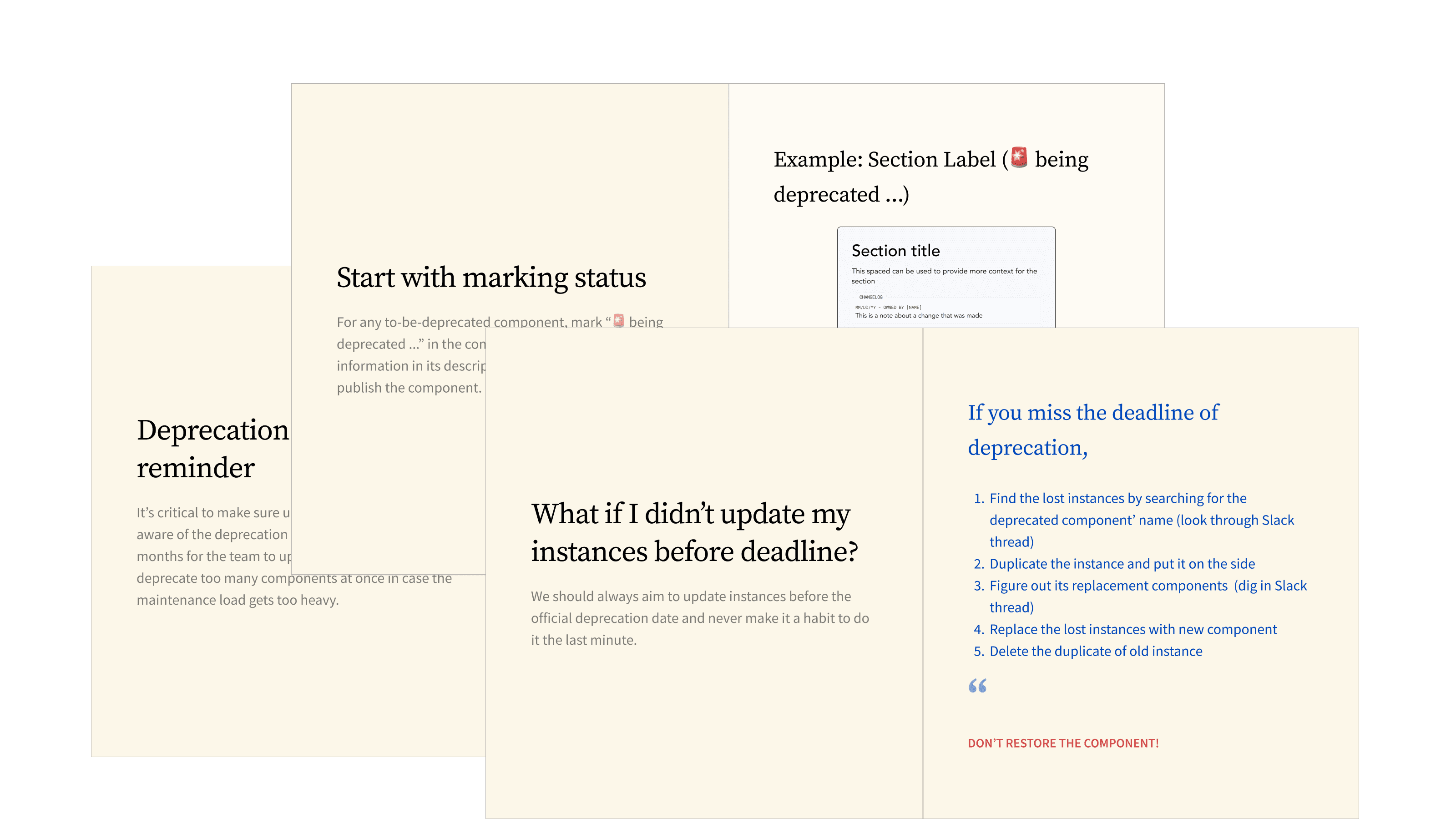 Series of slides explaining the component deprecation process, including status labeling, reminder timing, guidance for updating instances, and instructions for handling missed deprecation deadlines.