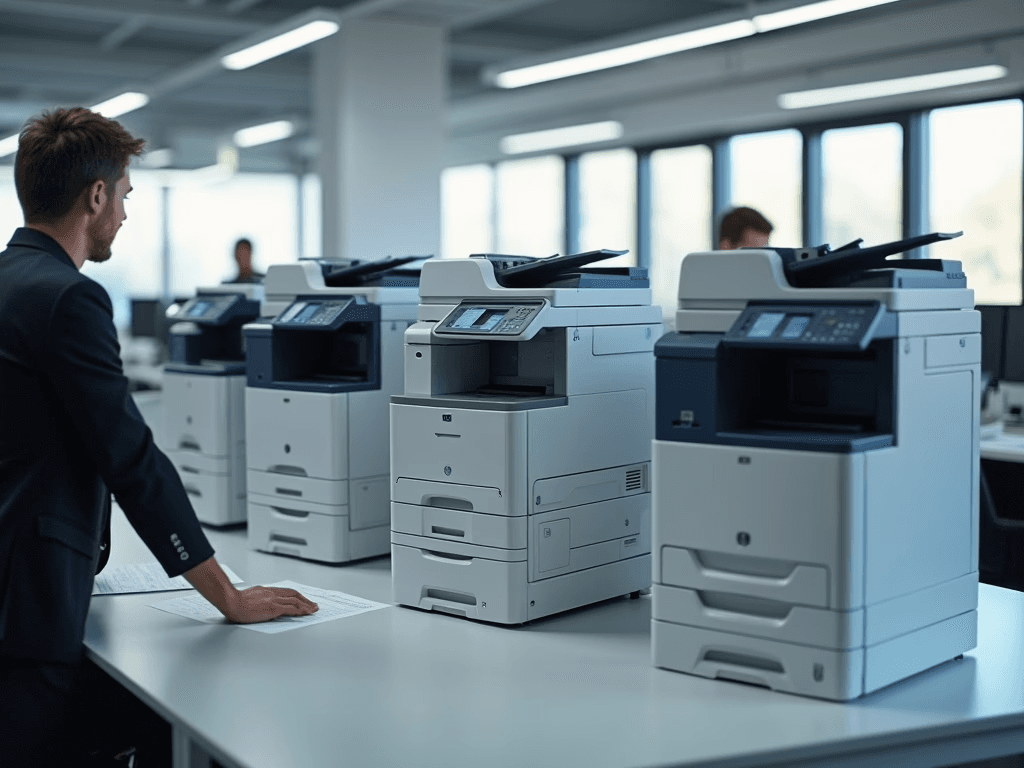 A modern office environment with employees working on various laptops, including Apple, Dell, and Lenovo models. The setting is bright and professional, showcasing productivity and flexibility