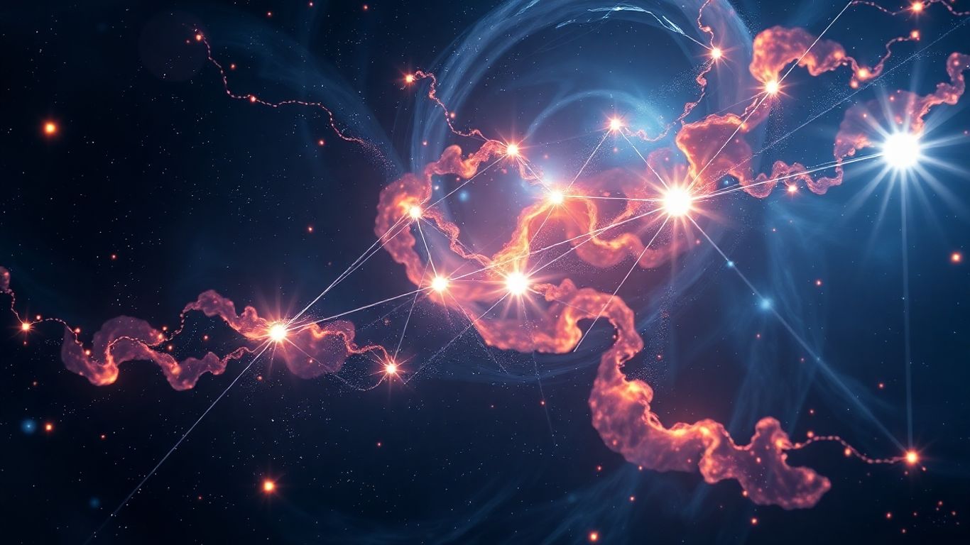 Cosmic nebula with interconnected stellar formations and light trails.